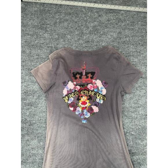 Christian Audigier Paco Chicano Women’s T-Shirt Sz L V-Neck Crown Roses Dove - Picture 3 of 16